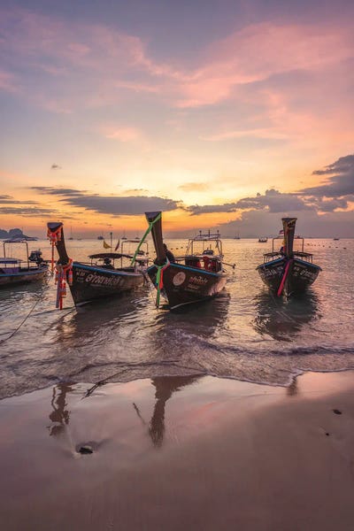 Long-Tail Boats At Sunset, Railay Beach, Krabi Province, Thailand