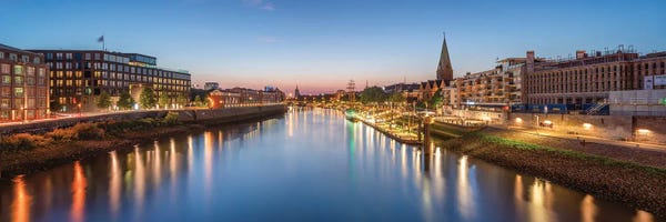 Bremen Skyline Panorama At Night With View Of Weser River, Germany