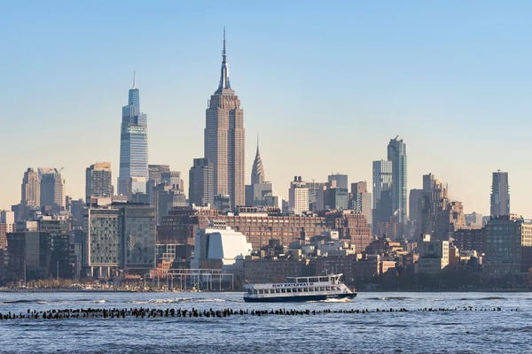 Manhattan Skyline At Sunrise With View Of Empire State Building, New York City, Usa