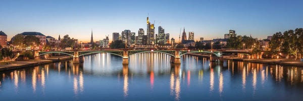 Frankfurt Main Skyline Panorama At Night With View Of Financial District And Ignatz Bubis Bridge, Hesse, Germany