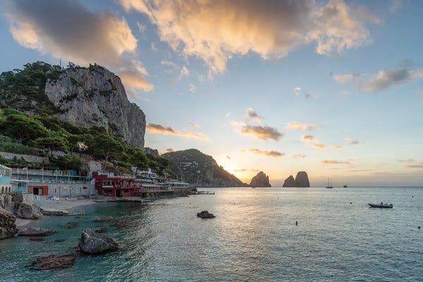 Marina Piccola Harbor At Sunrise With Faraglioni Rocks, Capri Island, Campania, Italy