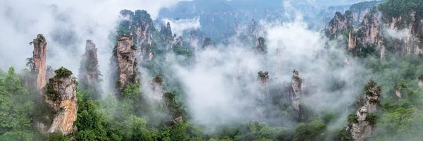Stone Pillars And Sea Of Clouds Panorama At Zhangjiajie National Forest Park, Hunan Province, China