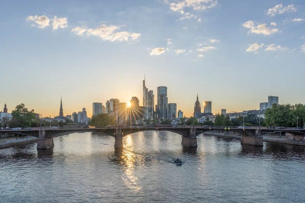 Frankfurt: Sunset Over The Frankfurt Skyline, Frankfurt Am Main, Hesse, Germany by Jan Becke