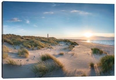 Dune Landscape With Lighthouse At Sunset, North Sea Coast, Sylt, Germany Canvas Art Print - Beach Sunrise & Sunset Art