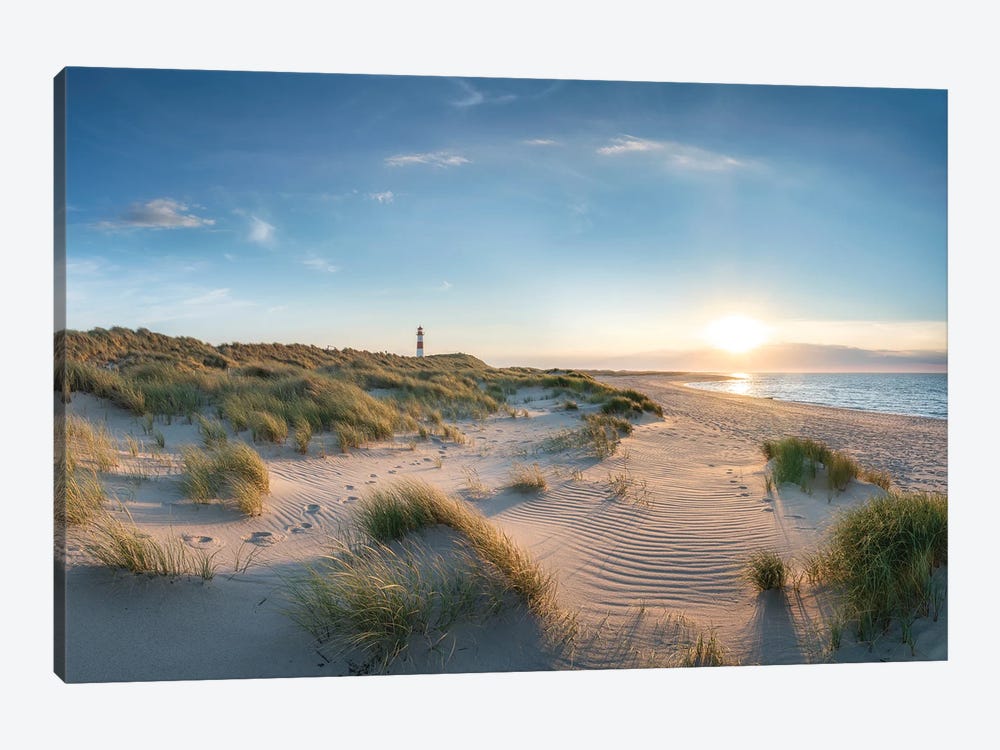 Dune Landscape With Lighthouse At Sunset, North Sea Coast, Sylt, Germany by Jan Becke 1-piece Canvas Print