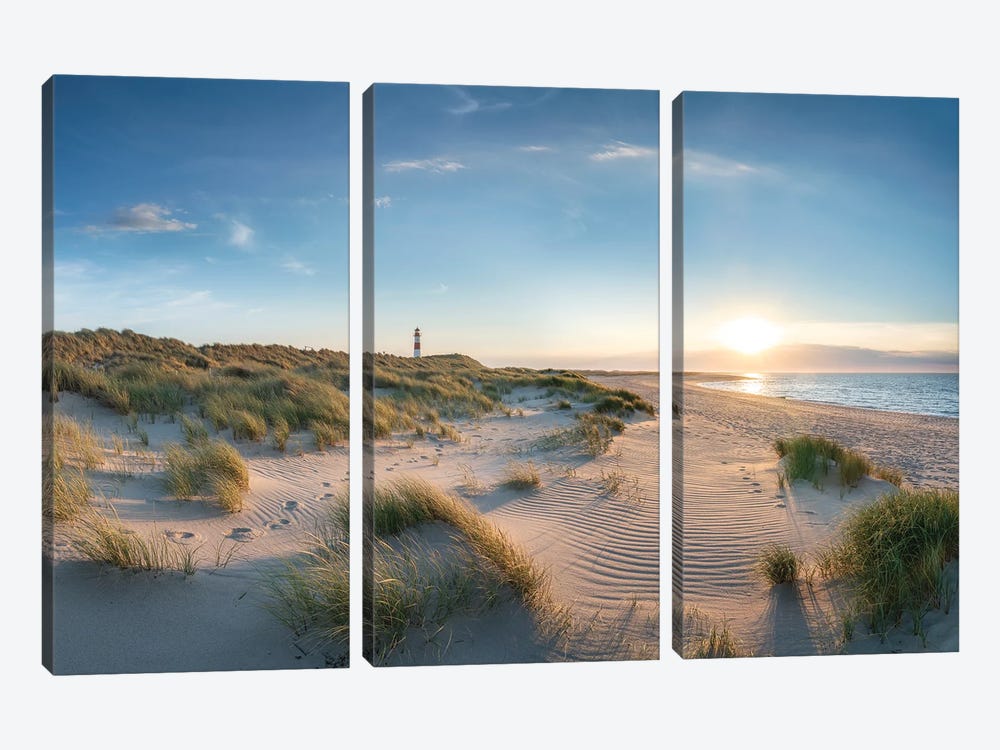 Dune Landscape With Lighthouse At Sunset, North Sea Coast, Sylt, Germany by Jan Becke 3-piece Canvas Art Print