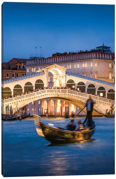 Gondola With Tourists In Front Of Rialto Bridge Canvas Art Print - Venice Art