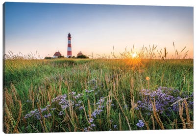 Westerheversand Lighthouse At Sunset, Westerhever, Eiderstedt, Schleswig-Holstein, Germany Canvas Art Print