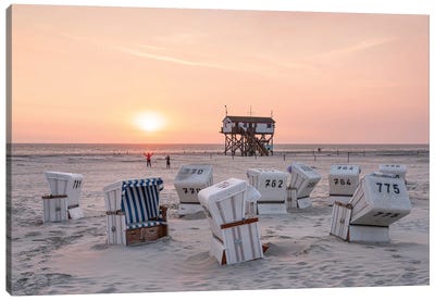 Beach Chairs And Stilt House (Pfahlbau) On The Beach Near Sankt Peter-Ording, Schleswig-Holstein, Germany Canvas Art Print