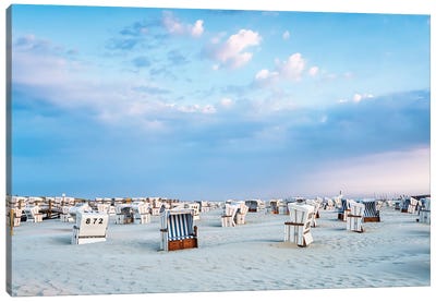 Traditional Beach Chairs At The North Sea Near Sankt Peter-Ording, Schleswig Holstein, Germany Canvas Art Print