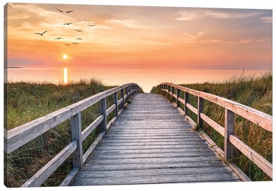 Beautiful Sunset At The Dune Beach, North Sea Coast, Germany Canvas Art Print - Nautical Scenic Photography