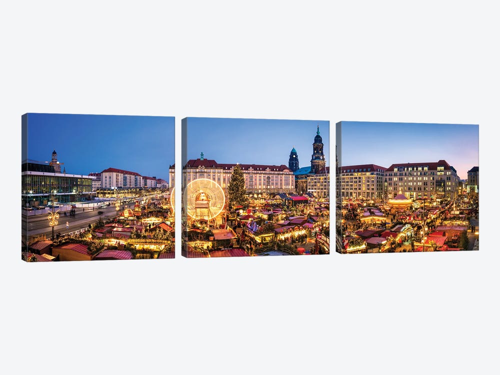 Panoramic view of the Striezelmarkt Christmas Market in Dresden, Saxony, Germany by Jan Becke 3-piece Canvas Wall Art