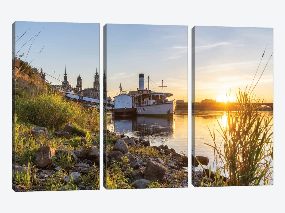 Sunset on the bank of the River Elbe in Dresden, Saxony, Germany by Jan Becke 3-piece Canvas Art Print