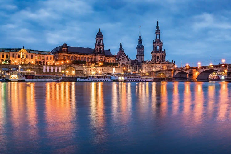 Dresden skyline at night with view of the Dresden Cathedral