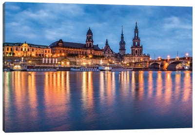 Dresden skyline at night with view of the Dresden Cathedral Canvas Art Print - Dresden