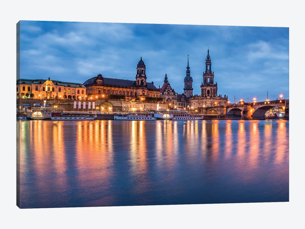 Dresden skyline at night with view of the Dresden Cathedral by Jan Becke 1-piece Canvas Art