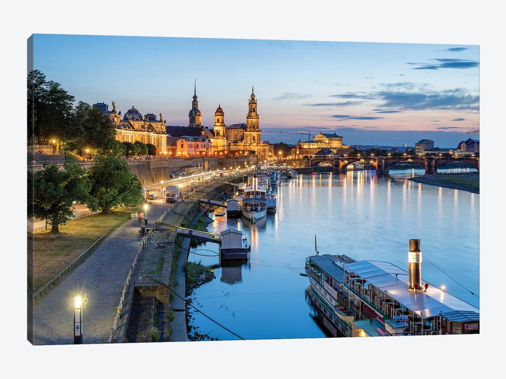 Dresden skyline along the Elbe River at dusk, Saxony, Germany by Jan Becke 1-piece Canvas Wall Art