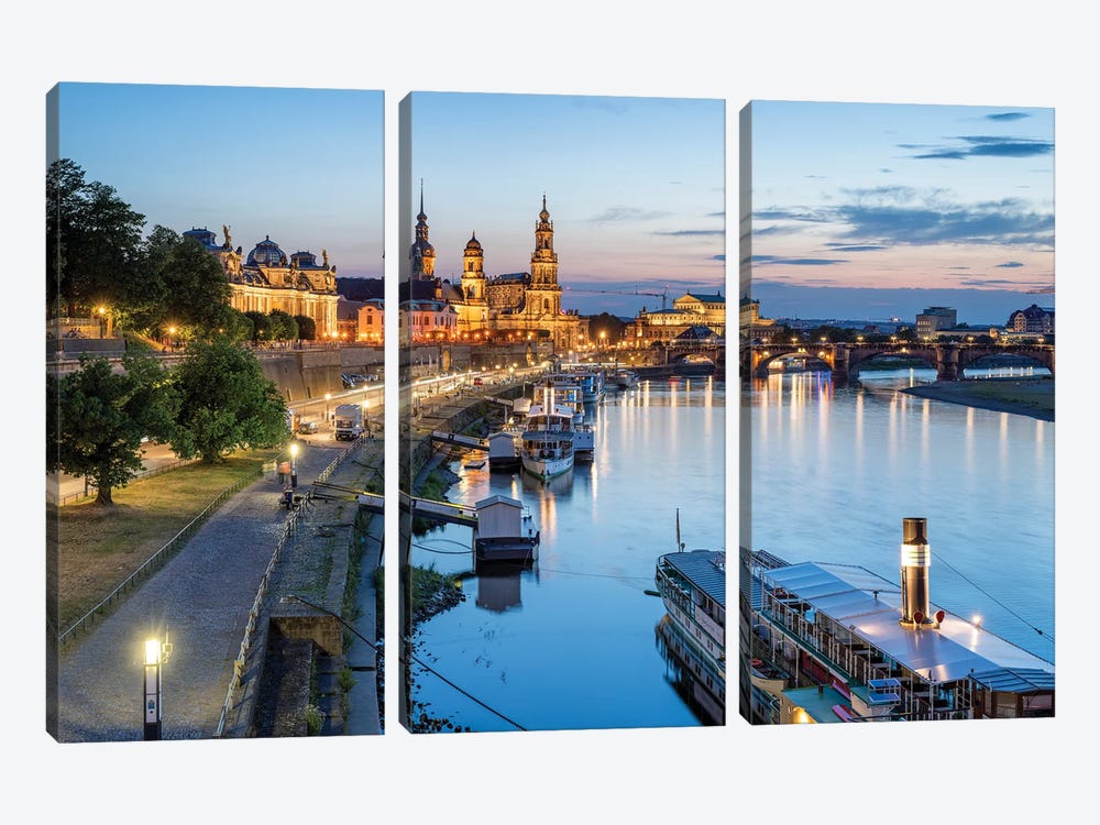 Dresden skyline along the Elbe River at dusk, Saxony, Germany by Jan Becke 3-piece Canvas Art
