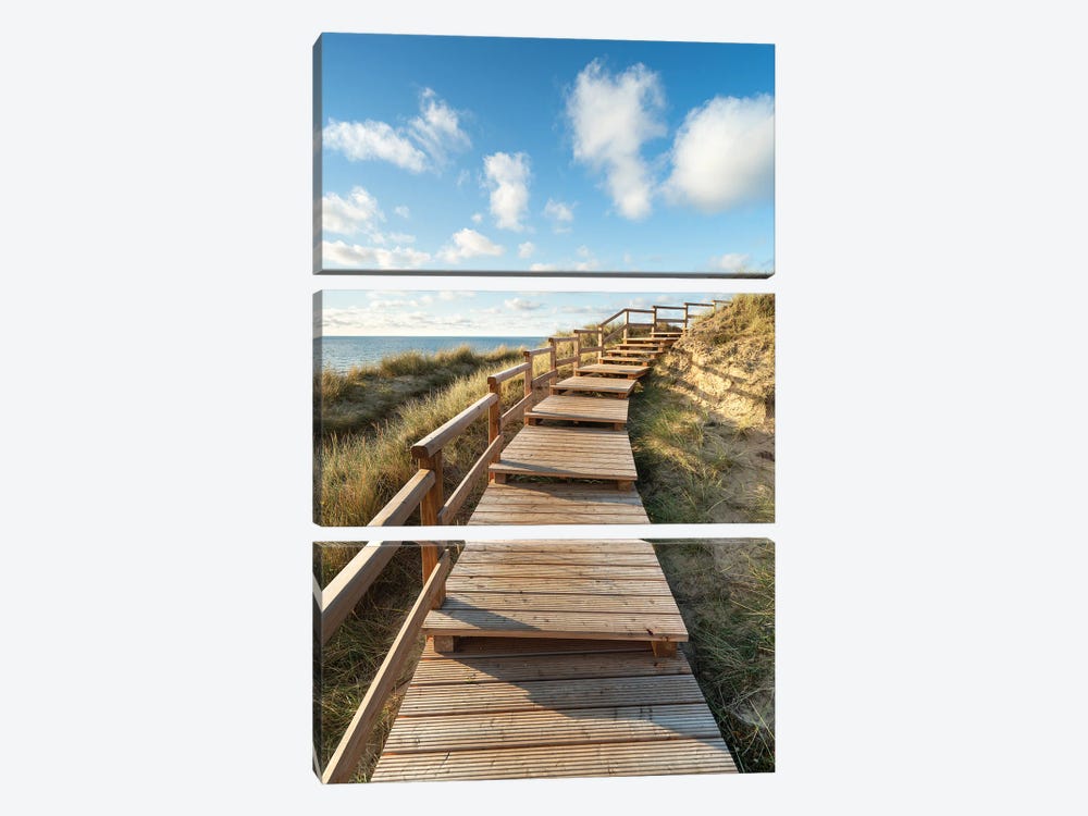 Wooden boardwalk along the Rotes Kliff (Red Cliff), Sylt, Germany by Jan Becke 3-piece Canvas Art Print