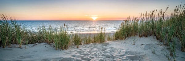 Dune beach panorama at sunset, North Sea coast, Germany