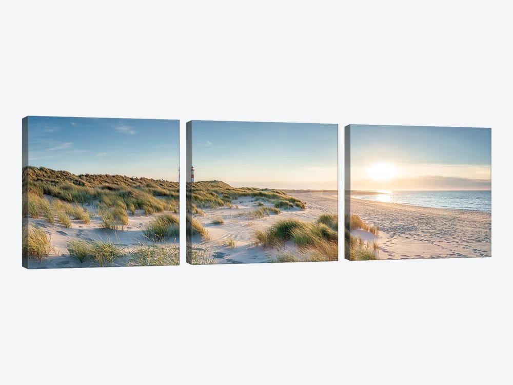 Sylt panorama at sunset with lighthouse List Ost, Schleswig-Holstein, Germany by Jan Becke 3-piece Canvas Art Print
