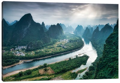 Li River Valley And Karst Peaks Seen From Top of Xianggong Mountain, Yangshuo County, Guilin, China Canvas Art Print - China Art