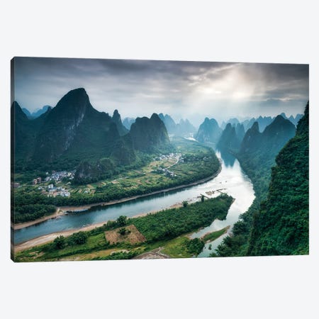 Li River Valley And Karst Peaks Seen From Top of Xianggong Mountain, Yangshuo County, Guilin, China Canvas Print #JNB524} by Jan Becke Canvas Print