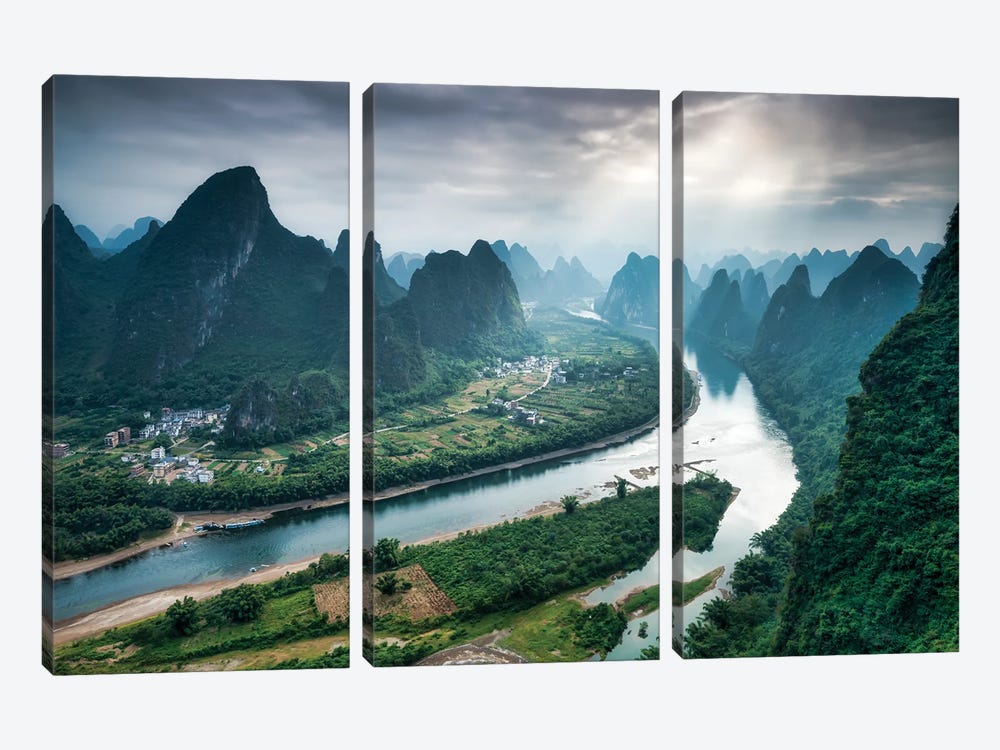 Li River Valley And Karst Peaks Seen From Top of Xianggong Mountain, Yangshuo County, Guilin, China by Jan Becke 3-piece Canvas Print