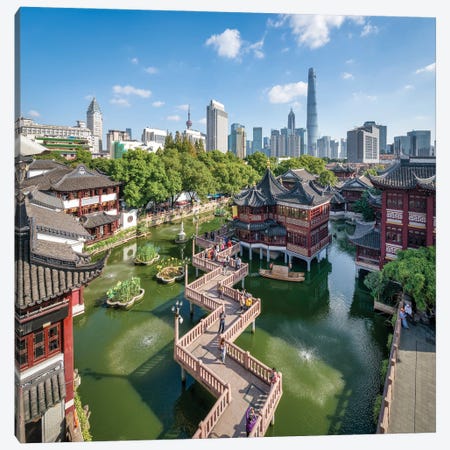 Yu Yuan Gardens with Pudong skyline in the background, Shanghai, China Canvas Print #JNB525} by Jan Becke Canvas Art Print
