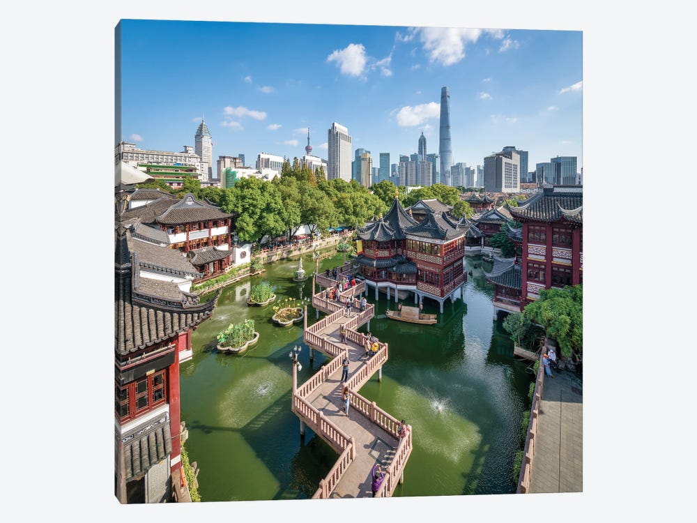 Yu Yuan Gardens with Pudong skyline in the background, Shanghai, China by Jan Becke 1-piece Canvas Wall Art