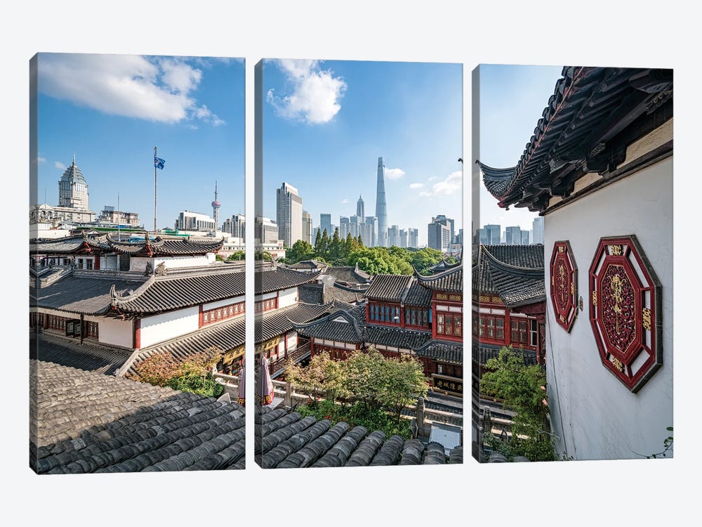 Traditional Chinese architecture at the Yu Yuan Gardens, Shanghai, China by Jan Becke 3-piece Canvas Art Print