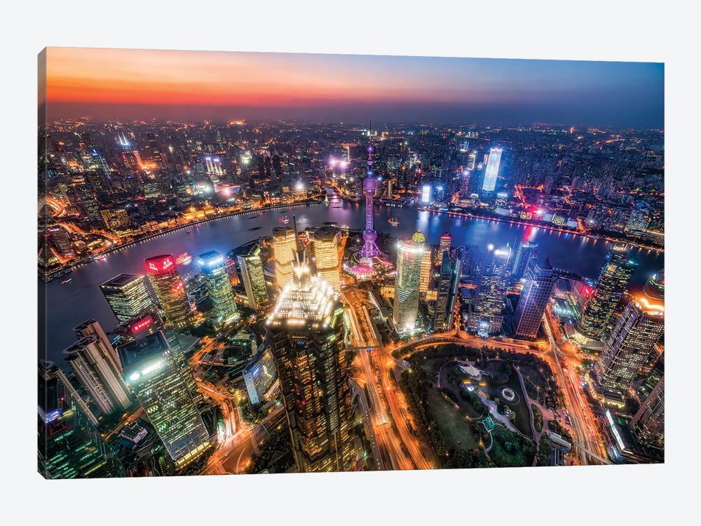 Aerial view of Pudong at night with Oriental Pearl Tower, Shanghai, China by Jan Becke 1-piece Canvas Art Print
