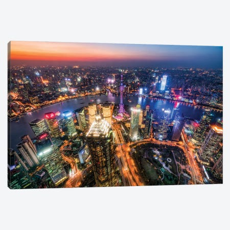 Aerial view of Pudong at night with Oriental Pearl Tower, Shanghai, China Canvas Print #JNB528} by Jan Becke Canvas Art