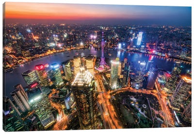 Aerial view of Pudong at night with Oriental Pearl Tower, Shanghai, China Canvas Art Print - Shanghai