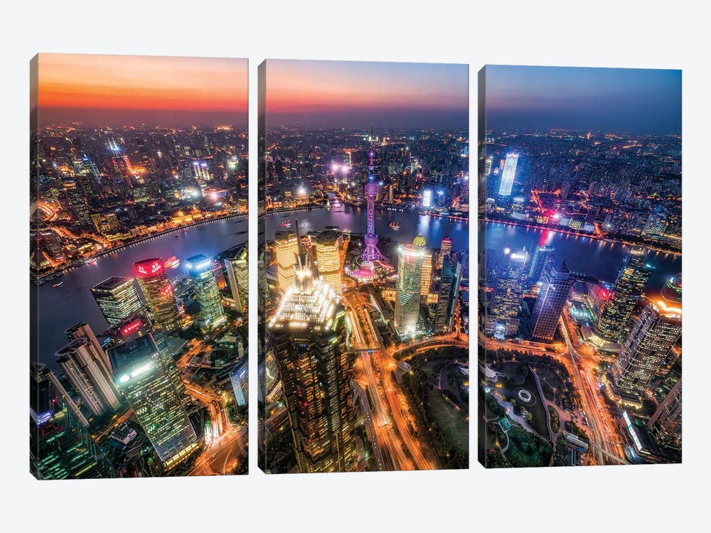 Aerial view of Pudong at night with Oriental Pearl Tower, Shanghai, China by Jan Becke 3-piece Canvas Art Print