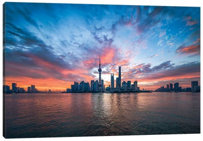 Pudong skyline at sunrise with Oriental Pearl Tower, Shanghai, China Canvas Art Print - Shanghai Art