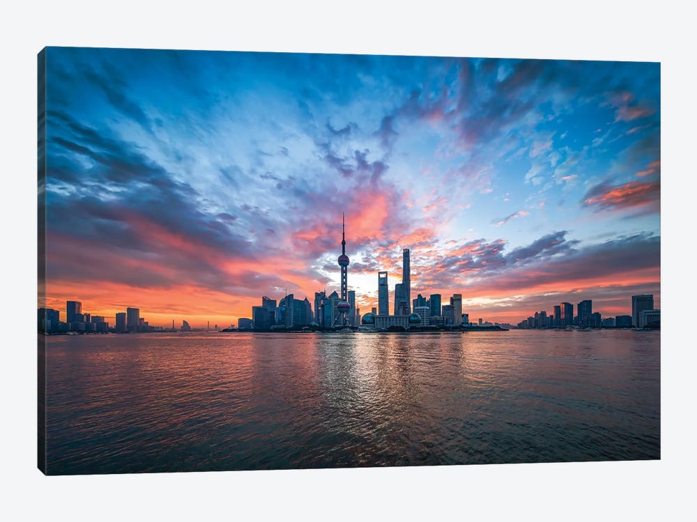Pudong skyline at sunrise with Oriental Pearl Tower, Shanghai, China by Jan Becke 1-piece Canvas Artwork