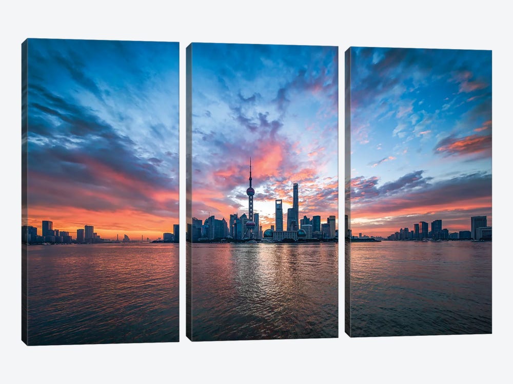 Pudong skyline at sunrise with Oriental Pearl Tower, Shanghai, China by Jan Becke 3-piece Canvas Artwork
