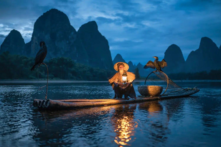 Chinese cormorant fisherman, Li river, Guangxi, Yangshuo, Guilin, China by Jan Becke wall art