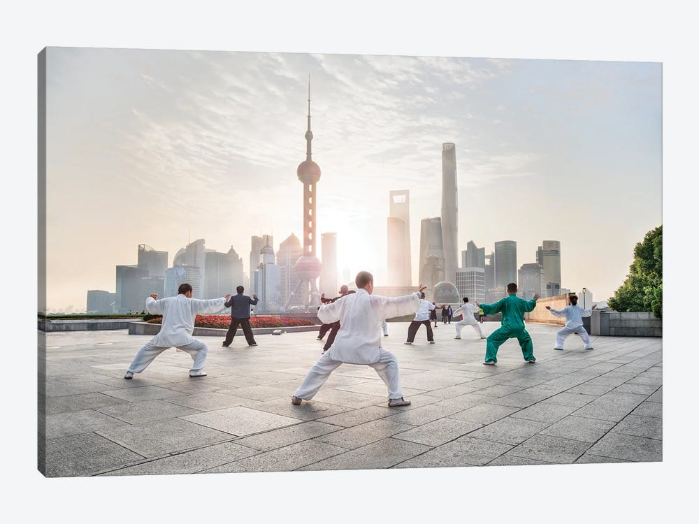 Tai Chi Chuan group performance at the Bund promenade, Shanghai, China by Jan Becke 1-piece Canvas Artwork