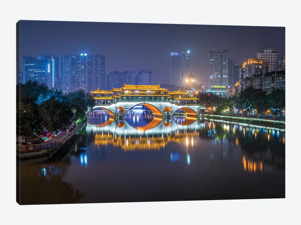 Anshun Bridge at night, Chengdu, China by Jan Becke 1-piece Canvas Art Print