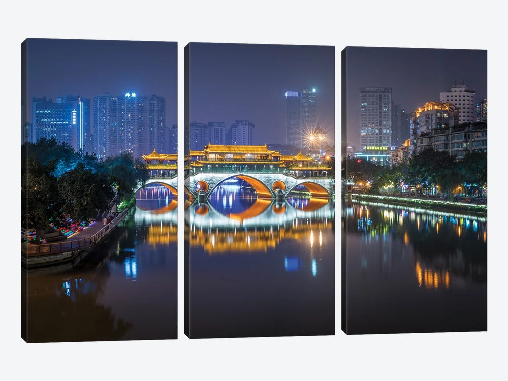 Anshun Bridge at night, Chengdu, China by Jan Becke 3-piece Canvas Art Print