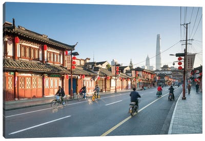 Old town of Shanghai with Shanghai Tower in the background, China Canvas Art Print - Shanghai Art