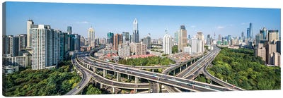 Busy intersection road in front of the Shanghai skyline Canvas Art Print - Shanghai