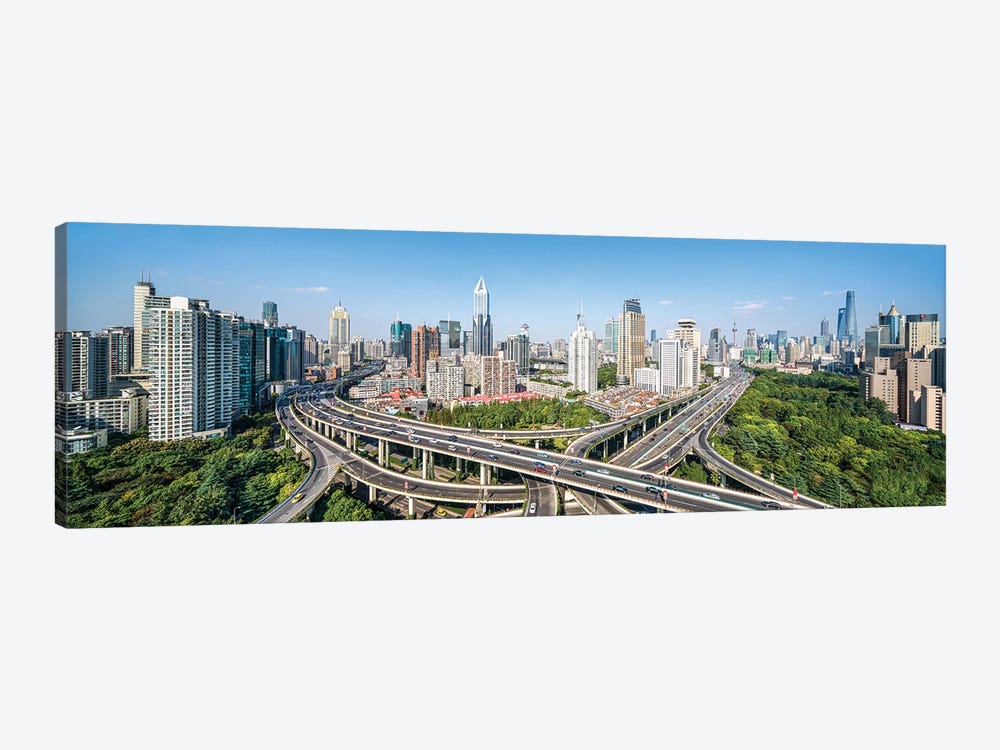 Busy intersection road in front of the Shanghai skyline by Jan Becke 1-piece Canvas Art Print