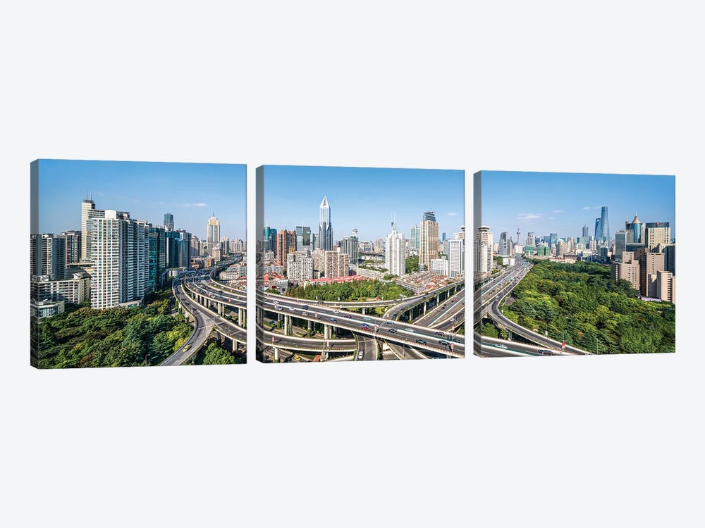 Busy intersection road in front of the Shanghai skyline by Jan Becke 3-piece Canvas Art Print