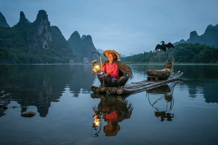 Cormoran fisherman and Karst mountains near Yangshou, Guilin, China by Jan Becke wall art