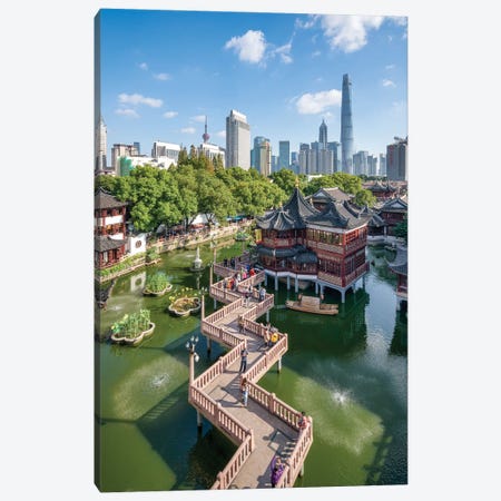 View above Yu Yuan Gardens with Pudong skyline, Shanghai, China Canvas Print #JNB543} by Jan Becke Canvas Art