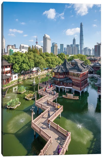 View above Yu Yuan Gardens with Pudong skyline, Shanghai, China Canvas Art Print - Shanghai Art