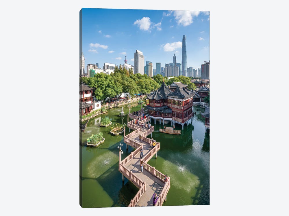 View above Yu Yuan Gardens with Pudong skyline, Shanghai, China 1-piece Canvas Wall Art